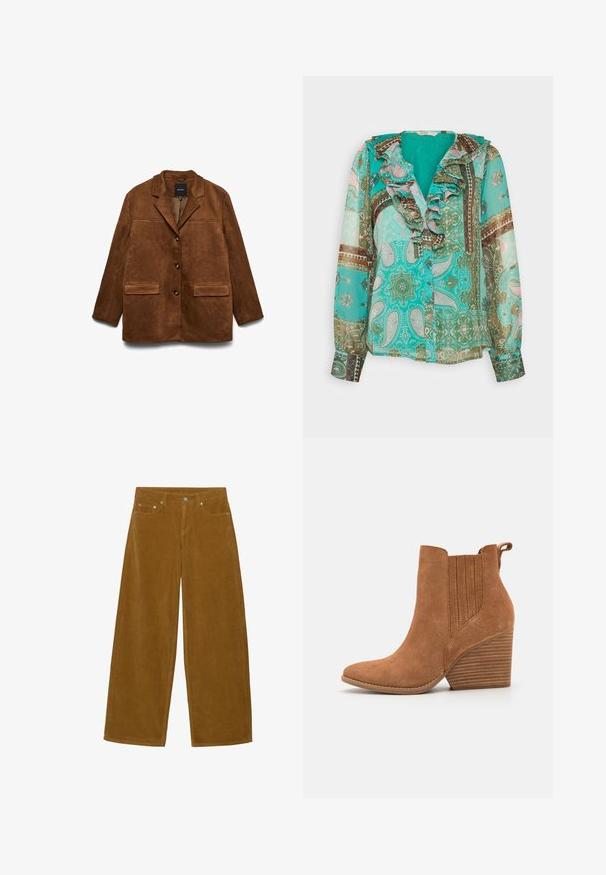 Brun ruskindsjakke med hakkraven, tre knapper foran og to klaplommer på hvid baggrund.; ONLY ONLSTELLA FRILL - Bluse - electric green; Brune bredbenede kordfløjlsbukser med forreste knap, lynlås og fem-lomme-design.; Brune ruskind ankelstøvle med spids tå, ribbede sidelæder og en stablet hæl. Har en pull-tab for nem påtagning.