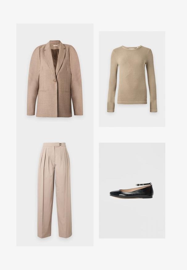 Blazer beige en tissu texturé, avec une fermeture à un bouton, un col à revers et deux poches avant. Design structuré aux épaules.; Haut beige à manches longues en maille côtelée, col rond, silhouette ajustée et coutures visibles aux ourlets sur fond uni.; Pantalon beige à jambes larges avec plis, deux fermetures métalliques à la taille et une texture lisse en coton. Pas de poches visibles.; Ballerines noires en cuir avec un bout rond, une bride à la cheville et un petit talon. Texture lisse et design minimaliste.