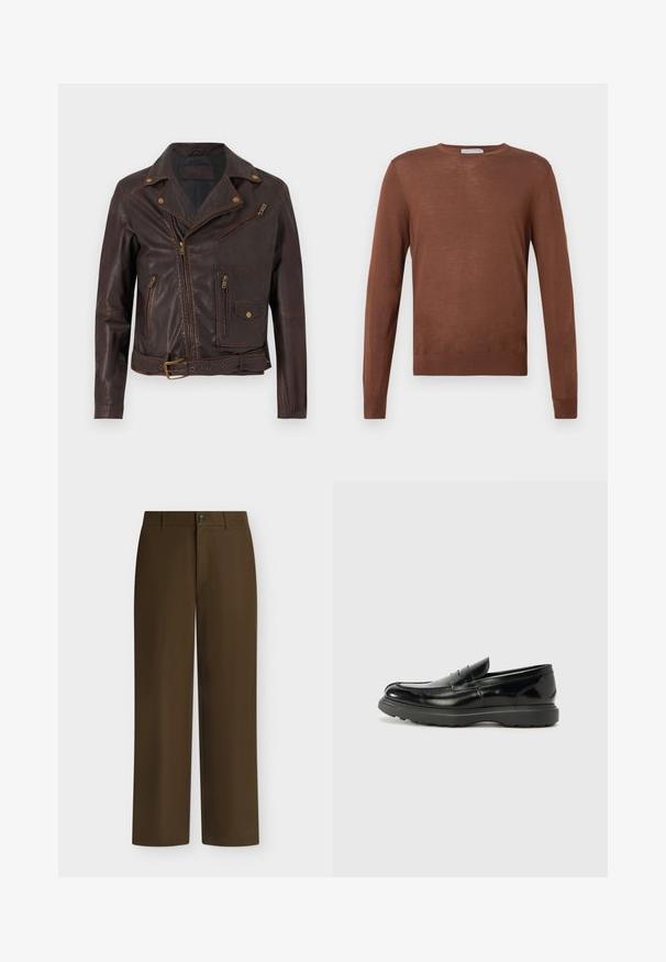 Dunkelbraune Leder-Bikerjacke mit mehreren Reißverschlusstaschen, Druckknöpfen, asymmetrischem Reißverschluss und einem taillierten Gürtel mit Schnalle.; Brauner Strickpullover mit langen Ärmeln und Rundhalsausschnitt. Verfügt über eine leichte Textur sowie gerippte Bündchen und Saum. Einfaches Design.; Braune Hose mit geradem Bein, Gürtelschlaufen, Knopf- und Reißverschluss vorne, auf hellem einfarbigem Hintergrund präsentiert.; Schwarze Lederloafer mit glanzendem Finish, abgerundetem Zehenbereich, subtilen Steppnähten und einer dicken Gummisohle für Langlebigkeit.