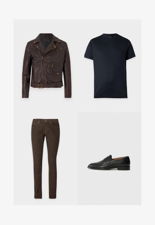 Dunkelbraune Leder-Bikerjacke mit mehreren Reißverschlusstaschen, Druckknöpfen, asymmetrischem Reißverschluss und einem taillierten Gürtel mit Schnalle.; Schlichtes schwarzes T-Shirt mit kurzen Ärmeln und Rundhalsausschnitt mit kleinem Logo nahe dem Saum auf hellem grauem Hintergrund.; Schmal geschnittene braune Cordhose mit Fronttaschen, Gürtelschlaufen und Knopfverschluss, dargestellt auf einem schlichten hellen Hintergrund.; Schwarze Leder-Slipper mit runder Zehenform, dezenten gestickten Details und niedrigem Absatz, ausgestattet mit glatter Textur und minimalistischem Design.