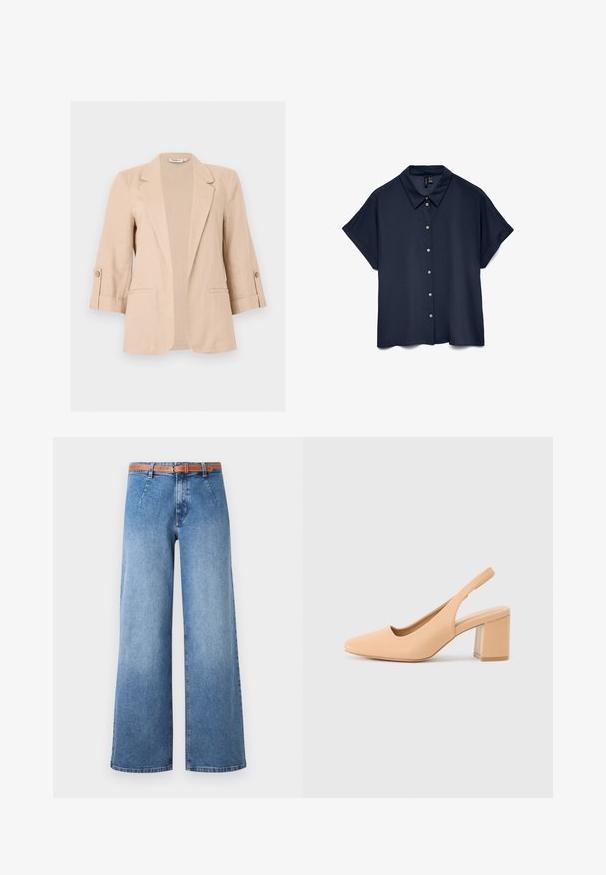 Blazer beige pour femme avec manches trois-quarts, ouverture devant, revers encastrés, pattes de manches boutonnées et deux poches passepoilées à l'avant.; Chemise à manches courtes bleu marine avec col et sept boutons blancs sur le devant.; Jeans en denim bleu à jambes larges avec un délavage léger, dotés d'une ceinture marron, de poches avant et d'un design classique à cinq poches.; Talons bride beige, fabriqués en matériau synthétique lisse. Présentent un bout carré, des côtés ouverts et un talon large. Design simple.