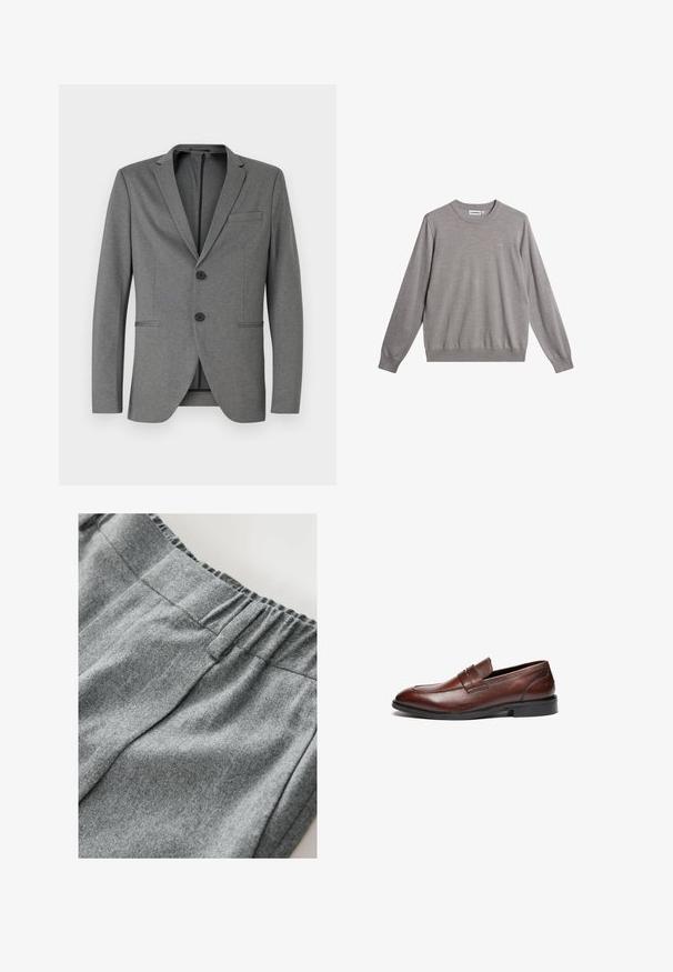 Grauer Blazer mit zwei schwarzen Knöpfen, mit Reverskragen und einer einzelnen Brusttasche. Hergestellt aus strukturiertem Stoff mit schmaler Passform.; Grauer Pullover aus weichem Material, mit Rundhalsausschnitt, gerippten Bündchen und Saum sowie einem dezenten Logo auf der Vorderseite.; Grauer Sweatshirtstoff mit weicher Textur, ausgestattet mit einem elastischen Bund und dezenten Nähten. Nahaufnahme des Materials.; Braune Lederloafer mit glatter Oberfläche, abgerundeter Spitze, dekorativem Riemen und schwarzer Gummisohle. Merkmale sind minimale Nähte.