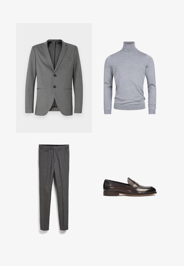 Grå blazer med to sorte knapper, almindelige klapper og en enkelt brystlomme. Fremstillet af tekstureret stof med en skræddersyet pasform.; Grå turtleneck sweater lavet af et blødt strikket stof. Har lange ærmer og en tætsiddende design med ribbede manchetter og kant. Enkel, glat tekstur.; Grå skræddersyede bukser med et struktureret stof, frontlomme og lige ben design. Har en knaplukning i taljen.; Mørkebrune læder loafers med en afrundet tå, hævet syning og en let hæl. Glat tekstur og klassisk design.