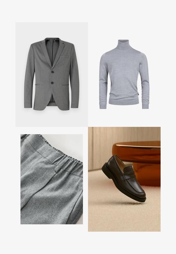 Grauer Blazer mit zwei schwarzen Knöpfen, mit Reverskragen und einer einzelnen Brusttasche. Hergestellt aus strukturiertem Stoff mit schmaler Passform.; Grauer Rollkragenpullover aus weichem Strickstoff. Mit langen Ärmeln und einer figurbetonten Passform, verfügt über gerippte Bündchen und Saum. Einfache, glatte Textur.; Grauer Sweatshirtstoff mit weicher Textur, ausgestattet mit einem elastischen Bund und dezenten Nähten. Nahaufnahme des Materials.; Schwarzer Lederloafer, der über einem beigen Teppich mit braunen, abgerundeten Möbeln im Hintergrund schwebt.