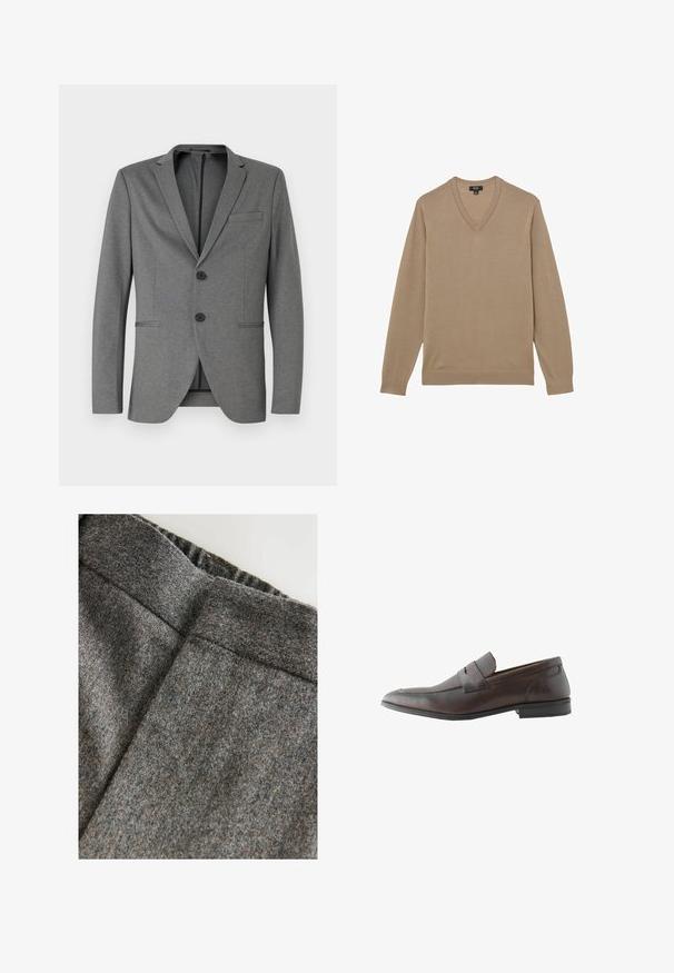Grå blazer med to sorte knapper, almindelige klapper og en enkelt brystlomme. Fremstillet af tekstureret stof med en skræddersyet pasform.; V-hals, langærmet sweater i beige. Fremstillet af blødt, letstrikket materiale med ribkant forneden og ved ærmerne. Simpelt, klassisk design.; Grå uldblandingsbukser med en glat tekstur, der har en bred talje og en ren, klassisk pasform. Subtile farveprikker er til stede.; Herres mørkebrune læderloafer med slip-on-design, moc-tå syninger og gummisål, vist i profil på hvid baggrund.