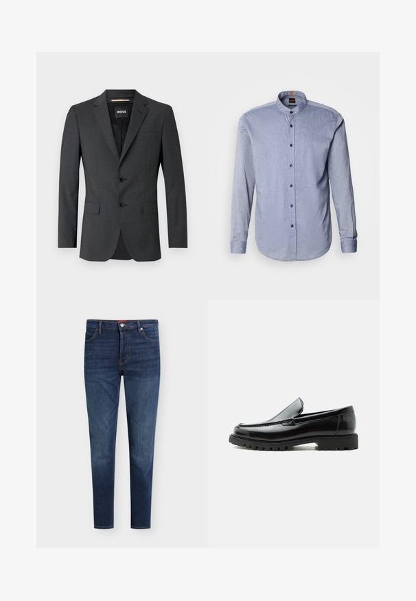 Blazer gris oscuro con dos botones, solapas de muesca y un bolsillo en el pecho, hecho de tela texturizada. El interior forrado cuenta con la etiqueta de la marca.; Camisa abotonada de tela azul claro, con cuello tipo banda, mangas largas y botones azul oscuro. Textura suave con un patrón sutil.; Vaqueros ajustados de color azul oscuro con bolsillos delanteros, trabillas para cinturón, cierre de botón y un sutil desgaste en los muslos y las rodillas.; Mocasín de cuero negro con suela de goma gruesa, empeine cosido y nombre de la marca en relieve en el talón, mostrado en perfil lateral sobre fondo blanco.