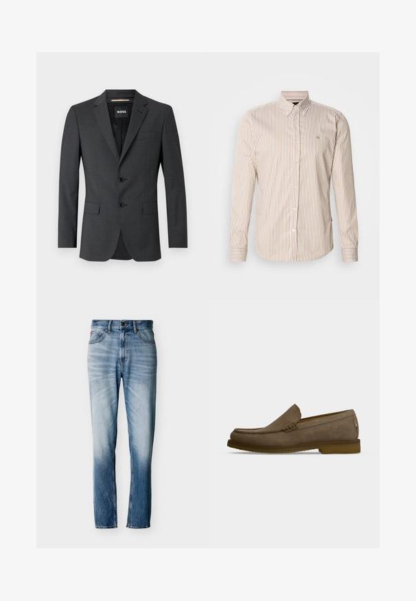 Dunkelgrauer Blazer mit zwei Knöpfen, Reverskragen und einer Brusttasche, aus texturiertem Stoff. Das gefütterte Innere trägt das Markenlabel.; Gestreiftes Hemd in Beige und Hellbraun mit Knopfleiste. Lange Ärmel, klassischer Kragen, Knöpfe vorne und ein kleines Logo auf der Brust. Baumwollstoff.; Blaue verwaschene Jeans mit geradem Bein, fünf Taschen, Knopfverschluss und Gürtelschlaufen, flach auf weißem Hintergrund ausgelegt.; Brauner Wildleder-Loafer mit gesteppten Details, niedrigem Absatz und Schlupf-Design auf einfarbigem hellgrauem Hintergrund.