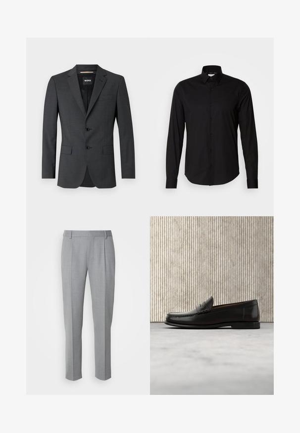 Donkergrijze blazer met twee knopen, notch revers en een enkele borstzak, gemaakt van gestructureerde stof. De gevoerde binnenkant heeft een merketiket.; Zwarte langgemouwen shirt van gladde stof. Bevat een klassieke kraag, knoopsluiting en rechte zoom. Geen patronen of accenten aanwezig.; Grijze op maat gemaakte broeken met een gladde textuur, voorzien van een platte voorkant, rechte pijpen en subtiele plooien voor extra details.; Zwarte leren penny loafer met lage hak, afgeronde neus en gestikte details langs de voorkant en zijkanten, afgebeeld op een neutrale achtergrond.
