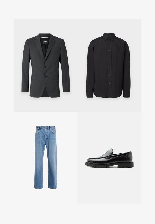 Mørkegrå blazer med to knapper, noterede revers og en enkelt brystlomme, lavet af tekstureret stof. Fôr er mærket med brand logo.; Sort langærmet skjorte med knappet krave, glat stof og diskret logo. Har knapper foran og manchetter på ærmerne.; Lyseblå denim jeans med lige ben-design, fem lommer, knaplukning, minimal falming og kontraststingdetaljer.; Sort læderloafer med chunky gummisål, syet overdel og præget mærkenavn på hælen, vist i sideprofil på hvid baggrund.