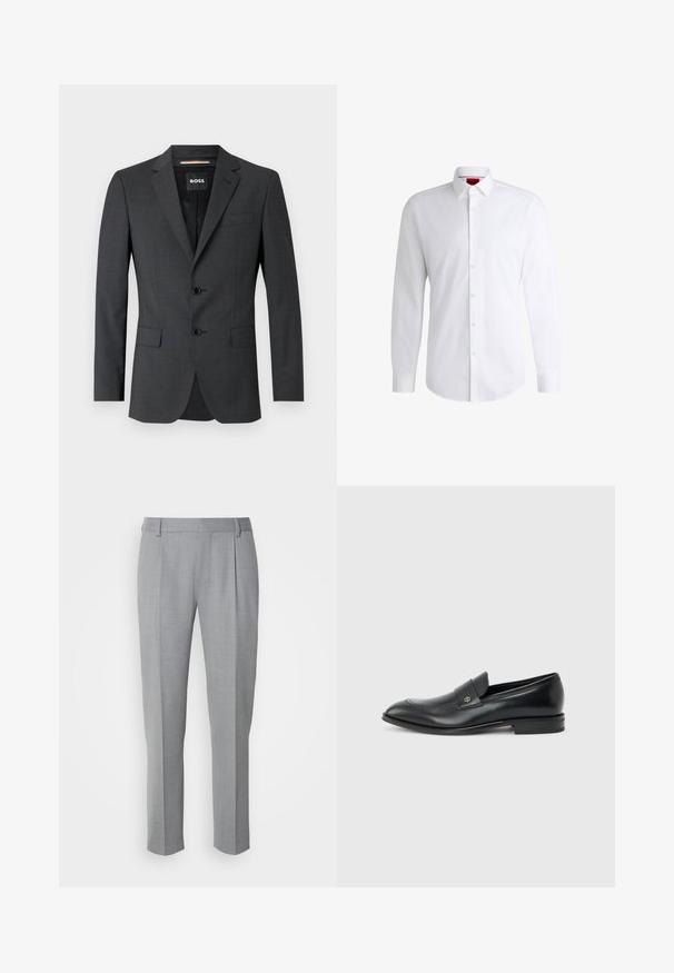 Blazer gris foncé à deux boutons, avec des revers crantés et une poche poitrine unique, fabriqué en tissu texturé. L'intérieur doublé présente une étiquette de marque.; Chemise blanche à manches longues en tissu lisse avec un col classique et un ourlet arrondi. Présente des boutons beiges à l'avant.; Pantalons gris sur mesure avec une texture lisse, présentant un devant plat, des jambes droites et de légères pinces pour plus de détail.; Mocassin pour hommes en cuir noir avec talon bas, bout arrondi et petit logo métallique sur la bride, présenté en profil latéral sur un fond uni.