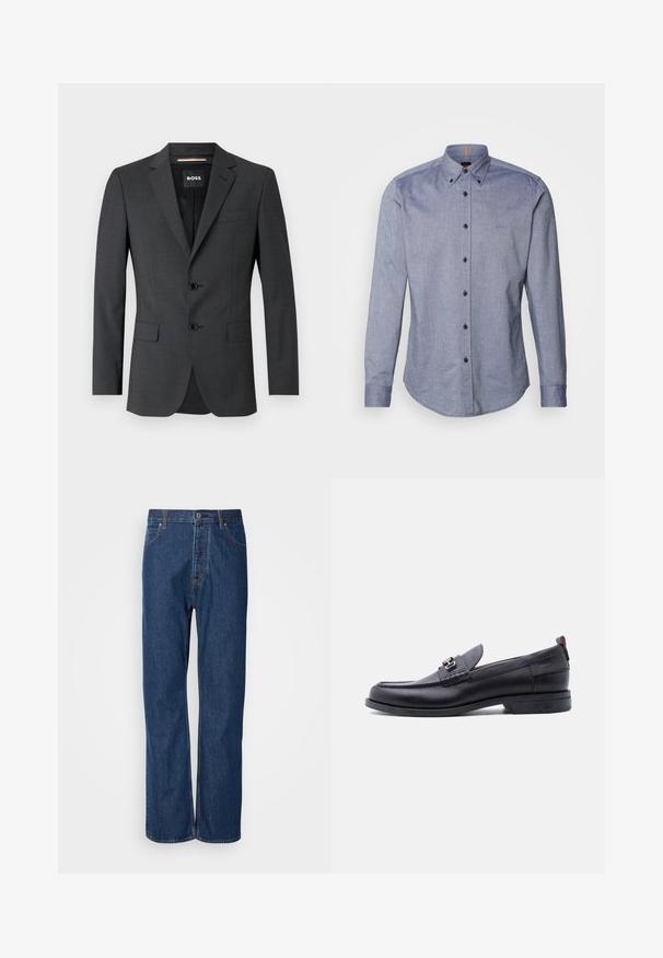 Donkergrijze blazer met twee knopen, notch revers en een enkele borstzak, gemaakt van gestructureerde stof. De gevoerde binnenkant heeft een merketiket.; Blauwe overhemd met knopen in een lichte stof. Bevat een gespreid kraag, lange mouwen en een klein logo op de borst. Voorkant met knoopsluiting.; Blauwe denim jeans met een recht gesneden ontwerp, voorzien van een knoopsluiting, vijf zakken en contrasterende stiksels langs de naden.; Zwarte leren loafer met grijze, gestructureerde vamp, zilveren metalen gesp, lage hak en trekkoord aan de achterkant.