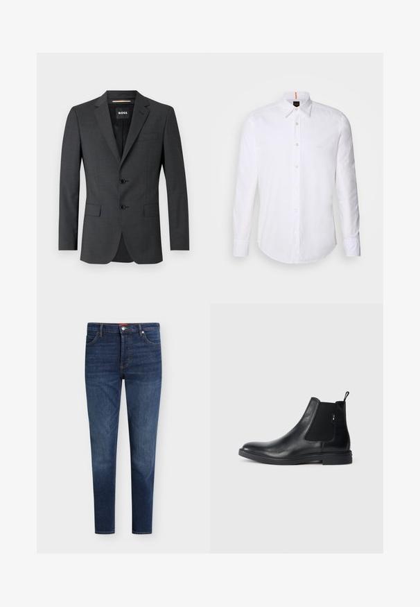 Mørkegrå blazer med to knapper, noterede revers og en enkelt brystlomme, lavet af tekstureret stof. Fôr er mærket med brand logo.; Hvid langærmet skjorte med knaplukning lavet af bomuld, med en klassisk krave, subtilt logo nær brystet og hvide knapper.; Mørkeblå slim-fit jeans med forlommer, bæltestropper, knaplukning og subtil falming på lår og knæ.; Sorte læder Chelsea støvler med elastiske sidepaneler, en pull-tab og en flad gummisål. Glat tekstur med minimal detaljer.
