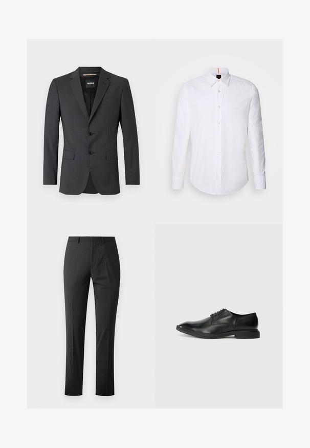 Dunkelgrauer Blazer mit zwei Knöpfen, Reverskragen und einer Brusttasche, aus texturiertem Stoff. Das gefütterte Innere trägt das Markenlabel.; Weiße langärmlige Button-Down-Hemd aus Baumwolle, mit klassischem Kragen, subtiler Logo-Detailierung auf der Brust und weißen Knöpfen.; Maßgeschneiderte dunkelgraue Hose mit glatter Textur, schlankem Schnitt, flachem Frontdesign und normalem Bund. Verfügt über gepresste Falten und keine sichtbaren Muster.; Schwarze Lederdressschuhe mit glatter Textur, spitzer Zehenform, sechs Ösen-Schnürdesign und niedrigem rechteckigem Absatz. Dezentes Branding-Detail an der Seite.