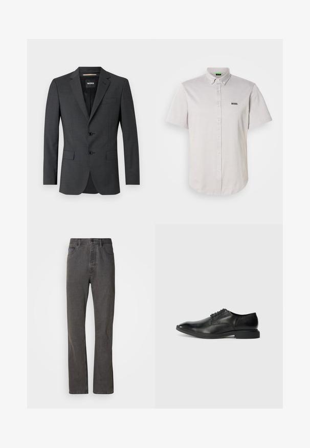 Mørkegrå blazer med to knapper, noterede revers og en enkelt brystlomme, lavet af tekstureret stof. Fôr er mærket med brand logo.; Kortærmet, lysegrå poloshirt lavet af tekstureret stof, med en skjortekrave med knapper, knapper foran og et lille sort logo.; Grå denim jeans med lige ben-design, der har forlommer, knaplukning og subtil tekstur.; Sort læder herresko med glat overflade, spids tå, seks snørrehuller og lav, rektangulær hæl. Diskret brandingdetalje på siden.