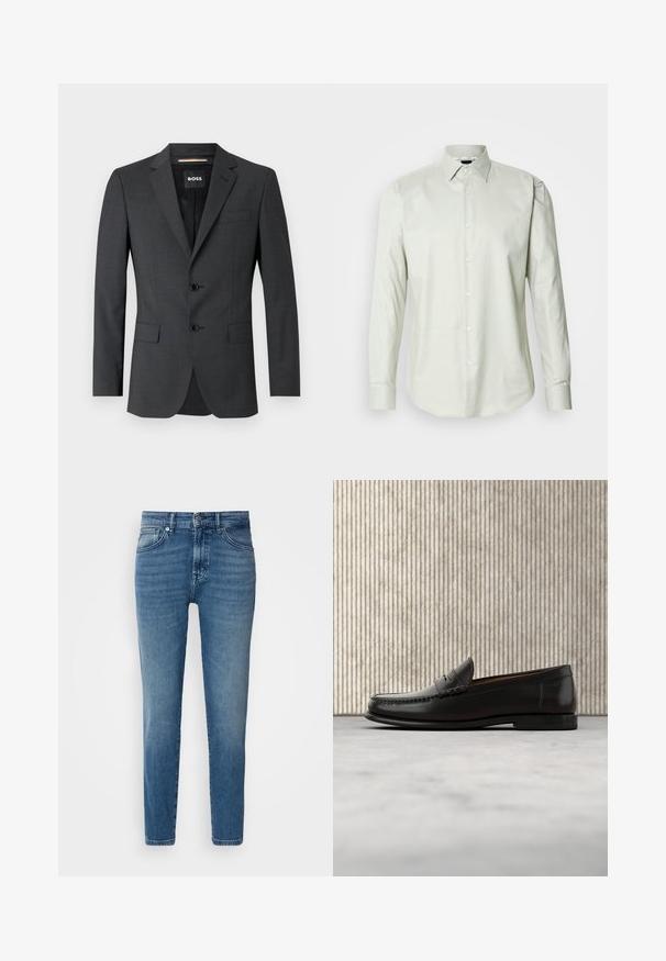Dunkelgrauer Blazer mit zwei Knöpfen, Reverskragen und einer Brusttasche, aus texturiertem Stoff. Das gefütterte Innere trägt das Markenlabel.; Helles grünes Langarm-Hemd mit Knopfleiste, strukturiertem Kragen, schlichter Textur und Vorderknopfleiste mit weißen Knöpfen.; Helle blaue Denim-Jeans mit geradem Schnitt, traditionellem Fünf-Taschen-Design, Metallknopfverschluss und dezentem Verblassen an der Vorderseite.; Schwarzer Pennyloafer aus Leder mit niedrigem Absatz, abgerundeter Spitze und genähten Details vorne und an den Seiten, gezeigt vor neutralem Hintergrund.