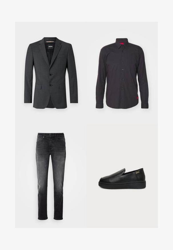 Blazer gris oscuro con dos botones, solapas de muesca y un bolsillo en el pecho, hecho de tela texturizada. El interior forrado cuenta con la etiqueta de la marca.; Camisa negra de manga larga hecha de algodón, con cuello tipo punta, botonadura frontal y un acento rojo en el interior del cuello. Tejido texturizado sin patrones.; Jeans de mezclilla negra con un corte recto. Presentan un cierre de botón y cremallera, cinco bolsillos y un ligero desvanecimiento en la tela.; Zapato de cuero negro tipo slip-on con suela gruesa y pequeños orificios de ventilación laterales, con el logo dorado de "HUGO" cerca del talón.
