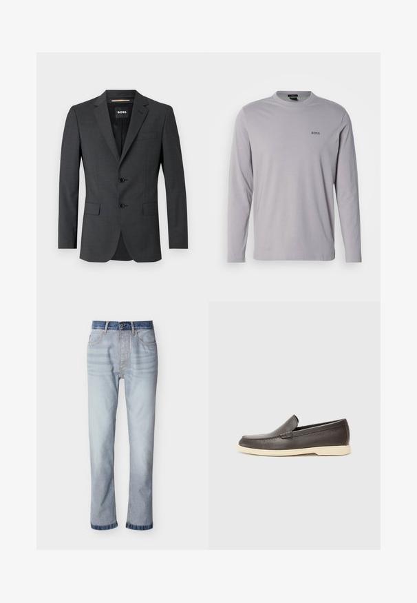 Blazer gris oscuro con dos botones, solapas de muesca y un bolsillo en el pecho, hecho de tela texturizada. El interior forrado cuenta con la etiqueta de la marca.; Camiseta de manga larga de algodón gris claro, con cuello redondo y un pequeño logo negro "BOSS" en el pecho izquierdo.; Jeans de mezclilla azul claro con cintura azul oscuro, diseño de pierna recta, cinco bolsillos y detalles de costuras visibles.; Zapatos de cuero marrón tipo slip-on con una superficie texturizada y una suela en un tono beige claro, con punta redondeada y detalles de costura mínimos.