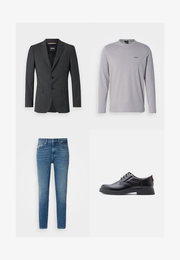 Donkergrijze blazer met twee knopen, notch revers en een enkele borstzak, gemaakt van gestructureerde stof. De gevoerde binnenkant heeft een merketiket.; Lichtgrijs katoenen t-shirt met lange mouwen, voorzien van een ronde hals en een klein zwart "BOSS" logo op de linkerborst.; Lichtblauwe denim jeans met een rechte pasvorm, traditionele vijf-pocket stijl, metalen knoopsluiting en subtiele vervaging aan de voorkant.; Zwarte leren veter schoenen met een gladde textuur, ronde neus en subtiel stiksel detail. Voorzien van een rode trekband op de hiel.