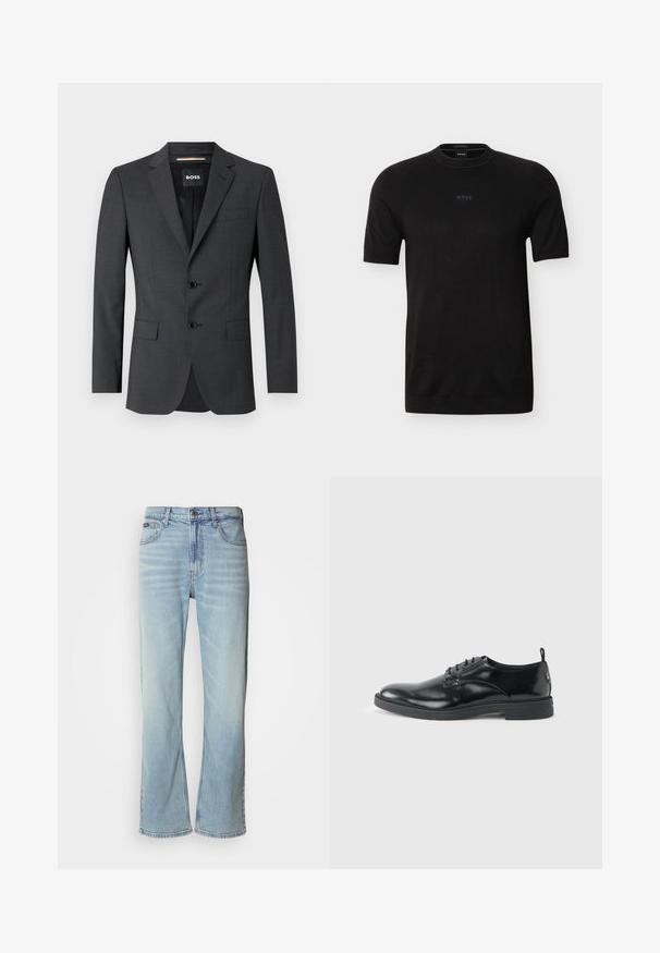 Blazer gris oscuro con dos botones, solapas de muesca y un bolsillo en el pecho, hecho de tela texturizada. El interior forrado cuenta con la etiqueta de la marca.; Camiseta negra de manga corta con cuello redondo y logo sutil "BOSS" centrado en el pecho, fabricada con tejido de punto fino.; Jeans de mezclilla azul claro con corte recto, que cuentan con cinco bolsillos, un cierre de botón y un ligero desvanecimiento en la tela.; Zapato de vestir negro de cuero brillante con tacón bajo, cierre de cordones y puntera redonda, mostrado de lado sobre un fondo claro y liso.