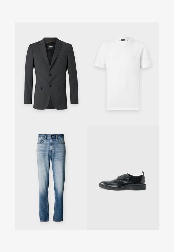 Donkergrijze blazer met twee knopen, notch revers en een enkele borstzak, gemaakt van gestructureerde stof. De gevoerde binnenkant heeft een merketiket.; Witte T-shirt met korte mouwen en ronde hals, subtiele verticale geribbelde textuur, tentoongesteld tegen een effen lichtgrijze achtergrond.; Verbleekte blauwe jeans met rechte pijpen, vijf zakken, knoopsluiting en riemlussen, plat uitgestald op een witte achtergrond.; Glanzende zwarte lederen nette schoen met lage hak, vetersluiting en ronde neus, van opzij getoond tegen een effen lichte achtergrond.