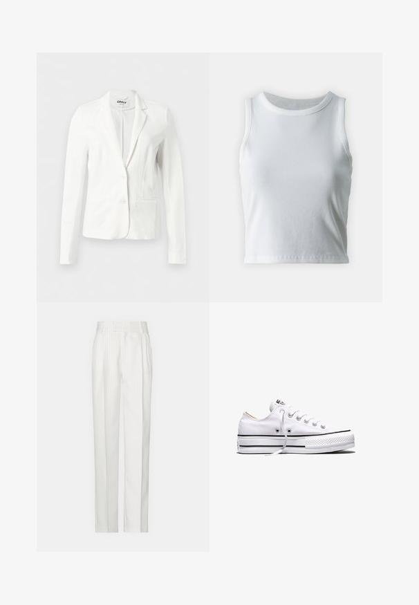 Blazer blanc cintré avec deux boutons, revers crantés, manches longues et une poche passepoilée à l'avant droite.; Débardeur blanc côtelé avec un décolleté rond et sans manches, présentant un ourlet droit et une texture lisse et extensible.; Pantalons blancs à rayures fines avec une coupe droite, fabriqués dans un tissu léger. Comprennent des plis à l'avant et une taille traditionnelle.; Baskets basses en toile blanche avec lacets blancs, bandes noires sur la semelle et embout en caoutchouc texturé, vue de côté sur fond blanc.
