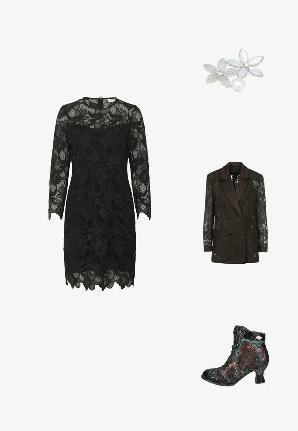 Blazer negro de encaje con cuello chal de satén, frente cruzado con botones y dos bolsillos de parche, que muestra patrones florales.; Vestido de encaje negro con mangas tres cuartos, patrón floral, dobladillo con forma de picos y un escote alto, con cierre de cremallera en la parte posterior.; Botín negro con una superficie texturada, patrón floral multicolor, cierre de cordones en la parte delantera, borde ondulado y un tacón ancho corto.; Broche floral de plata con tres flores adornadas con perlas y gemas. Los pétalos presentan una combinación de superficies lisas y texturizadas.