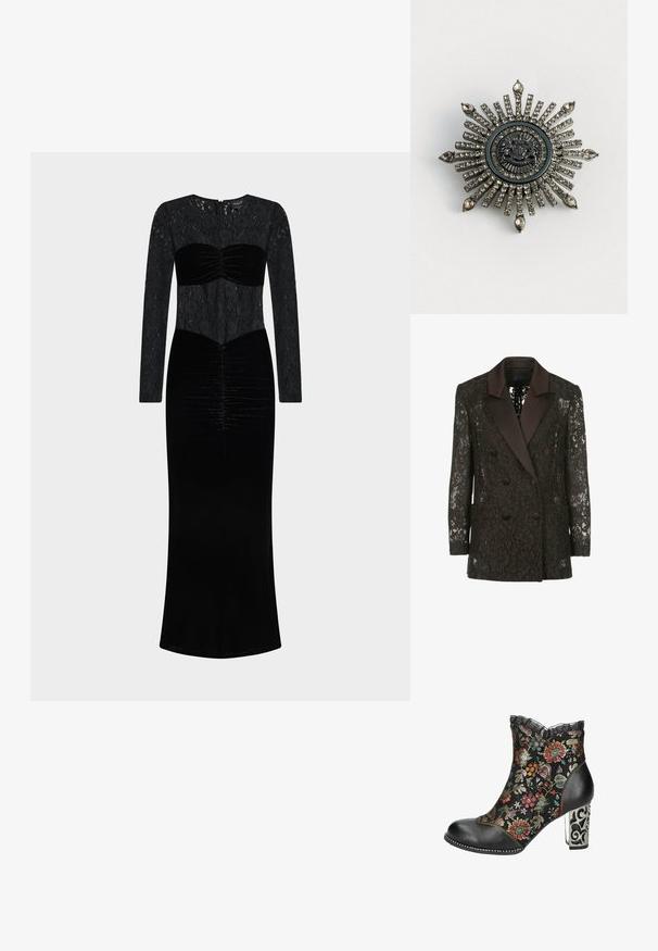 Blazer negro de encaje con cuello chal de satén, frente cruzado con botones y dos bolsillos de parche, que muestra patrones florales.; Vestido negro con parte superior de encaje de manga larga y cuerpo de terciopelo con detalle fruncido. Largo hasta el suelo con silueta recta.; Botas negras hasta el tobillo con bordado floral colorido, borde de encaje y un tacón alto plateado con patrón. Presentan una puntera redondeada y costuras en contraste.; Broche en forma de estrella en metal de tono plateado con rhinestones transparentes. El diseño central presenta un emblema circular con un detallado intrincado.