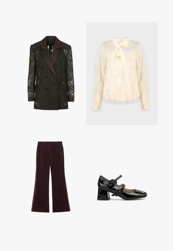 Blazer negro de encaje con cuello chal de satén, frente cruzado con botones y dos bolsillos de parche, que muestra patrones florales.; Blusa color crema clara hecha de encaje con un detalle de lazo en el cuello, mangas largas transparentes y puños abotonados. Patrón floral texturizado en toda la prenda.; Pantalones de terciopelo burdeos de pierna ancha con una textura suave, que cuentan con bolsillos laterales y un diseño clásico de cintura.; Zapatos Mary Jane de charol negro con punta cuadrada, que cuentan con dos correas ajustables y tacones gruesos. Accentos texturizados en las correas.
