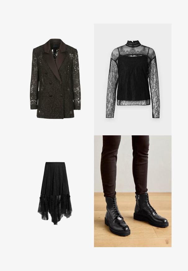 Sort blondejakke med satin sjalskrave, dobbeltknaplukning med knapper og to påsyede lommer, der præsenterer blomstermønstre.; Sort langærmet bluse i blonde med høj krave, detaljeret blomsterdesign, gennemsigtig stof og solidt panel over brystområdet.; Sort høj-lav nederdel med gennemsigtig blondeoverdel og flæset kant, med en fitted linning og teksturerede stofdetaljer.; Sorte læder ankelstøvler med brogue-detaljer, snørebånd foran, sideskafter og teksturerede gummisåler. Matchet med mørke slim-fit bukser.