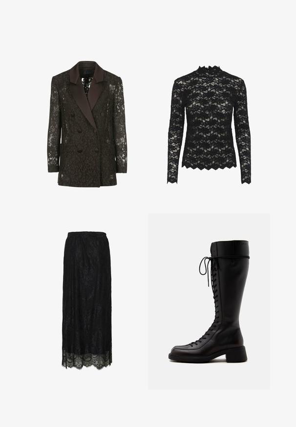 Blazer en dentelle noire avec un col châle en satin, devant double boutonnage et deux poches plaquées, mettant en valeur des motifs floraux.; Haut à manches longues en dentelle noire avec un col haut, motif floral, bords festonnés et texture transparente.; Jupe midi en dentelle noire avec ourlet festonné et motif floral, dotée d'une taille élastique.; Grande botte noire en cuir à lacets avec un petit talon bloc et un bout arrondi vue de côté sur fond blanc.