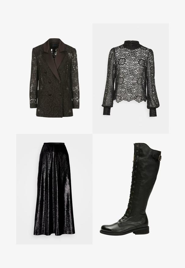 Blazer negro de encaje con cuello chal de satén, frente cruzado con botones y dos bolsillos de parche, que muestra patrones florales.; Pieces Petite PCMARIKA - Blusa - black; Falda midi negra hecha de un tejido brillante y texturizado. Cuenta con una cinturilla elástica y un diseño fluido, con un sutil brillo en toda su extensión.; Bota de cuero negro hasta la rodilla con cordones en el frente, ojales de plata y hebilla lateral. Presenta un acabado texturizado y tacón apilado.