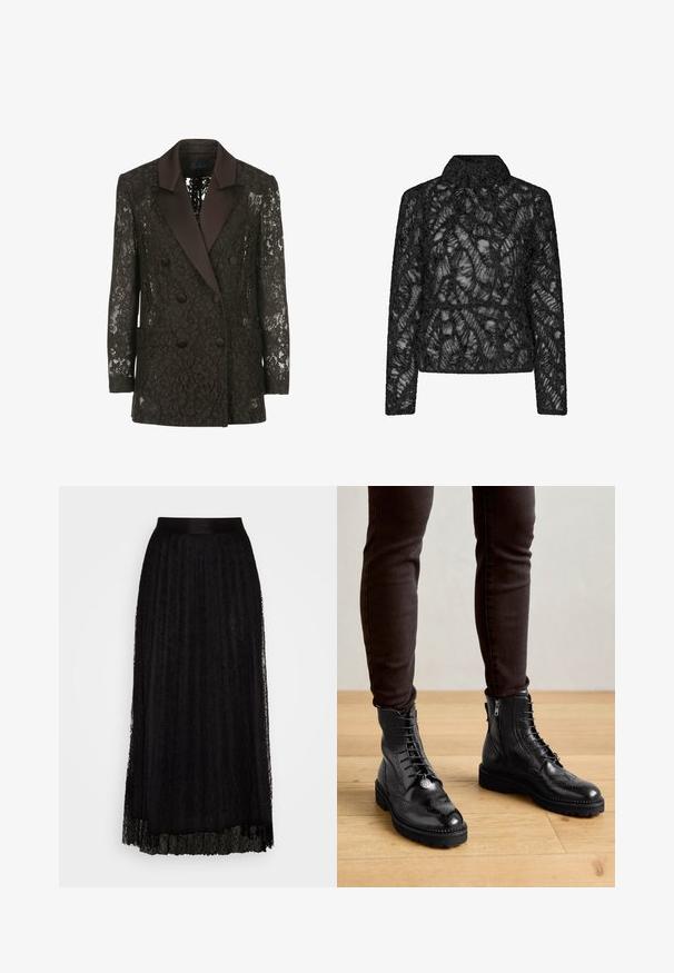Blazer negro de encaje con cuello chal de satén, frente cruzado con botones y dos bolsillos de parche, que muestra patrones florales.; Chaqueta de encaje negro con un patrón floral texturizado, cuello con solapa, mangas largas y diseño corto. Material transparente con detalles intrincados.; Falda maxi negra de encaje con un patrón texturizado, que cuenta con una cinturilla lisa y un diseño de capas y fluido.; Botas negras de cuero hasta el tobillo con detalles de brogue, cordones en la parte delantera, cremalleras laterales y suelas de goma texturizadas. Combinadas con pantalones oscuros de corte slim.