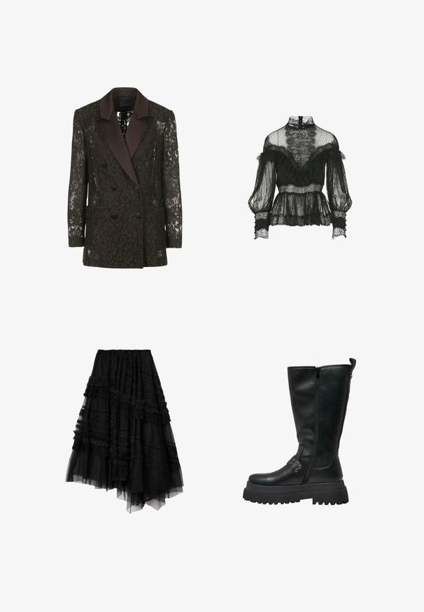 Blazer negro de encaje con cuello chal de satén, frente cruzado con botones y dos bolsillos de parche, que muestra patrones florales.; Luisa Spagnoli Lauco- Blouse - Fashion Show - Blusa - nero; Falda negra asimétrica en capas con detalles de encaje y volantes, confeccionada con paneles de tela transparentes y opacos.; Botas negras hasta la rodilla hechas de material sintético suave con una suela de goma resistente, que cuentan con un cierre lateral y acentos metálicos decorativos.