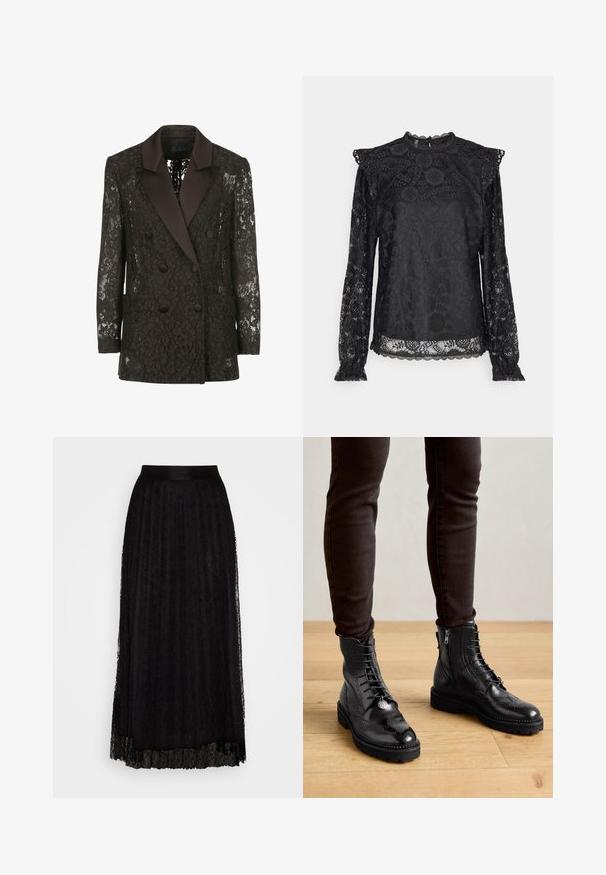 Blazer negro de encaje con cuello chal de satén, frente cruzado con botones y dos bolsillos de parche, que muestra patrones florales.; PIECES Tall PCOLLINE - Blusa - black; Falda maxi negra de encaje con un patrón texturizado, que cuenta con una cinturilla lisa y un diseño de capas y fluido.; Botas negras de cuero hasta el tobillo con detalles de brogue, cordones en la parte delantera, cremalleras laterales y suelas de goma texturizadas. Combinadas con pantalones oscuros de corte slim.