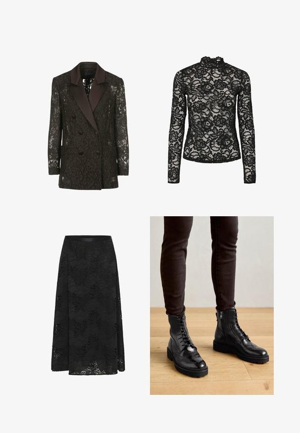 Sort blondejakke med satin sjalskrave, dobbeltknaplukning med knapper og to påsyede lommer, der præsenterer blomstermønstre.; Sort blonde top med lange ærmer, der har en høj hals med flæsedetaljer, blomsterprint og en gennemsigtig tekstur. Designet til en tætsiddende silhuet.; Sort blondekjole med en udvidet design. Har et blomstermønster, en tekstureret overflade og et tætsiddende bærestykke. Længden går til midt på læggen.; Sorte læder ankelstøvler med brogue-detaljer, snørebånd foran, sideskafter og teksturerede gummisåler. Matchet med mørke slim-fit bukser.