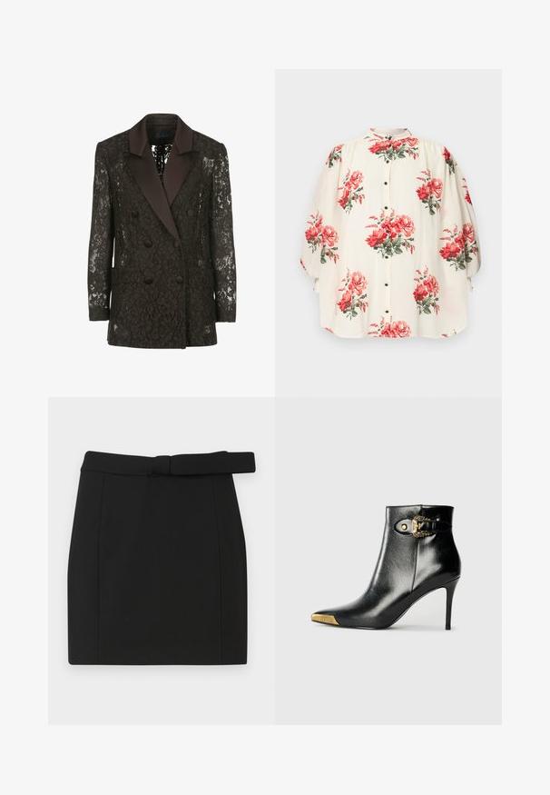 Blazer negro de encaje con cuello chal de satén, frente cruzado con botones y dos bolsillos de parche, que muestra patrones florales.; Blusa crema con gran estampado floral rojo, mangas abullonadas fruncidas, botones negros en la parte delantera y un cuello corto alzado.; Mini falda negra hecha de tejido suave, con un cinturón en la cintura, corte recto y costuras limpias sin patrones ni adornos adicionales.; Botín negro hasta el tobillo fabricado en cuero brillante, con punta puntiaguda, tacón de aguja y detalles dorados con una hebilla decorativa.