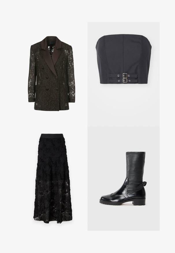 Sort blondejakke med satin sjalskrave, dobbeltknaplukning med knapper og to påsyede lommer, der præsenterer blomstermønstre.; Sort cropped top uden stropper med struktureret bodice, der har syninge og dobbelte metalspænder foran til lukning.; Maje JOSINO - Maxinederdele - noir; Sort ankelstøvle med en glat læderoverdel, brogue-detaljer, rund tå og en mellemhøj blokhæl. Har en blød, struktureret skaft.