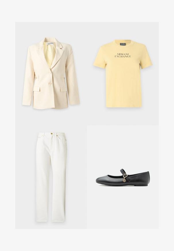 Blazer pour femme couleur crème avec deux boutons, revers crantés, poches à rabat et doublure intérieure à motifs, présenté sur fond blanc.; T-shirt jaune en coton avec un col rond et des manches courtes, imprimé "ARMANI EXCHANGE" en gris contrastant sur le devant.; Pantalons en denim blanc avec une coupe droite, dotés d'une fermeture à bouton sur le devant et d'une texture subtile. Comprend des poches latérales et un matériel minimal.; Chaussure plate Mary Jane en cuir noir avec une petite boucle dorée et un charme circulaire sur fond blanc.