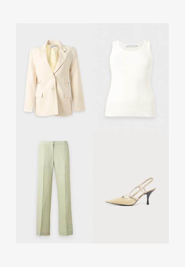 Blazer pour femme couleur crème avec deux boutons, revers crantés, poches à rabat et doublure intérieure à motifs, présenté sur fond blanc.; Débardeur blanc côtelé sans manches avec encolure ronde, coupe ajustée, et étiquette de la marque à l'intérieur du col arrière.; Pantalon vert clair à jambes droites avec plis à l'avant, taille avec bande et fermeture avant cachée, présenté sur un fond uni.; Escarpin slingback beige à bout pointu avec fines brides et boucle argentée sur un talon aiguille noir de hauteur moyenne sur fond blanc.