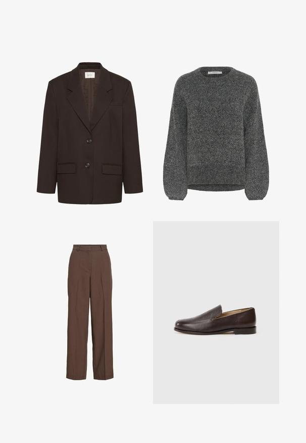 Mørkebrun blazer med inderlapeller, to frontlommer med flap, to knapper og en brystlomme af Gestuz.; Grå strikket sweater med rund halsudskæring, løst siddende lange ærmer og en let cropped kant. Tekstureret materiale tilføjer visuel interesse.; Brune bukser med høj talje og brede ben med bæltestropper, forlommer og centrale sømme, vist mod en hvid baggrund.; Brune læder loafers med en glat overflade, rund tå, lav stakket hæl og minimal syning, sat mod en hvid baggrund.
