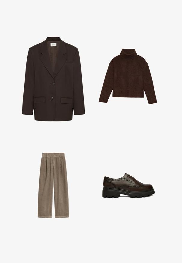 Mørkebrun blazer med inderlapeller, to frontlommer med flap, to knapper og en brystlomme af Gestuz.; Brun ribbet turtleneck sweater med lange ærmer og cropped silhuet, med et tykkere, struktureret strikdesign.; Brune vidde bukser i ribbet fløjl med bæltestropper, forlommer og lynlåslukning.; Mørkebrun læder brogue sko med perforerede detaljer og tyk sort rillesål, set fra siden på hvid baggrund.