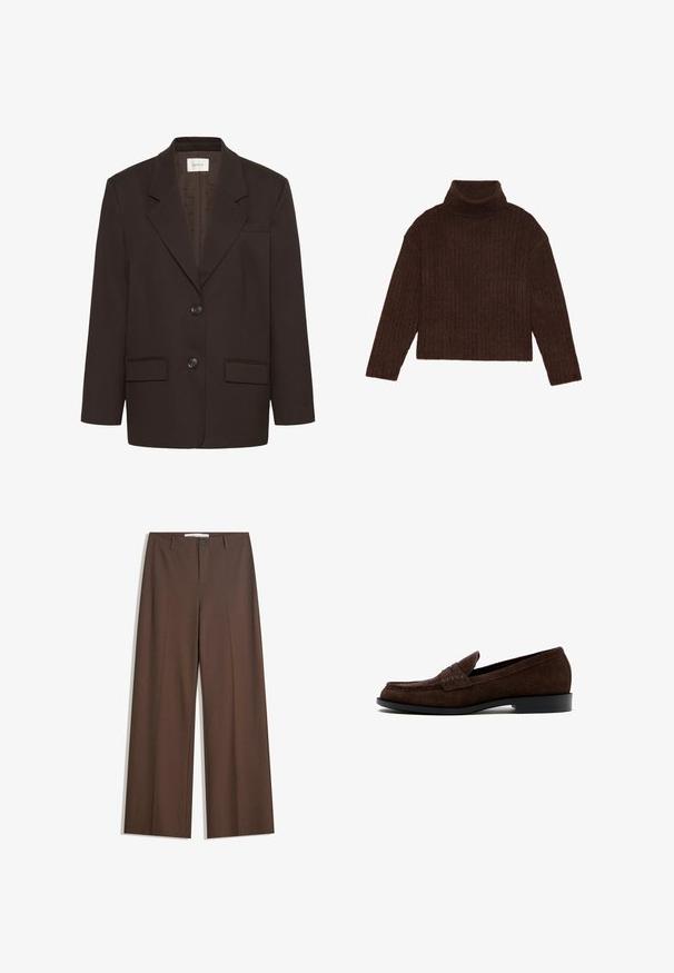 Mørkebrun blazer med inderlapeller, to frontlommer med flap, to knapper og en brystlomme af Gestuz.; Brun ribbet turtleneck sweater med lange ærmer og cropped silhuet, med et tykkere, struktureret strikdesign.; Brune brede bukser med en glat tekstur, frontfald, en knaplukning og to sidelommer. Designet til komfort og alsidighed.; Mørkebrun herre loafer i ruskind med lav hæl og mokkasinsøm, vist fra siden på hvid baggrund.
