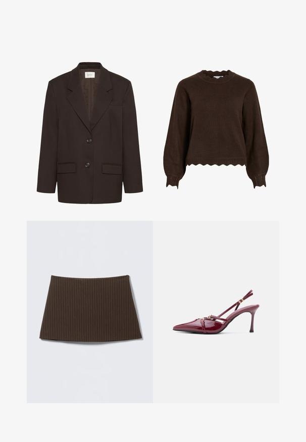 Mørkebrun blazer med inderlapeller, to frontlommer med flap, to knapper og en brystlomme af Gestuz.; Mørkebrun strikket sweater med bølgede kanter på manchetter, kant og halsudskæring, med lange puffede ærmer og en løs pasform.; Brun nederdel med nålestriber, tætsiddende design, glat tekstur og flared kant, ideel til et skræddersyet look.; Skinnende bordeauxrød højhælet slingback-sko med spids tå og dobbelte tynde remme med små spænder i guldfarve.