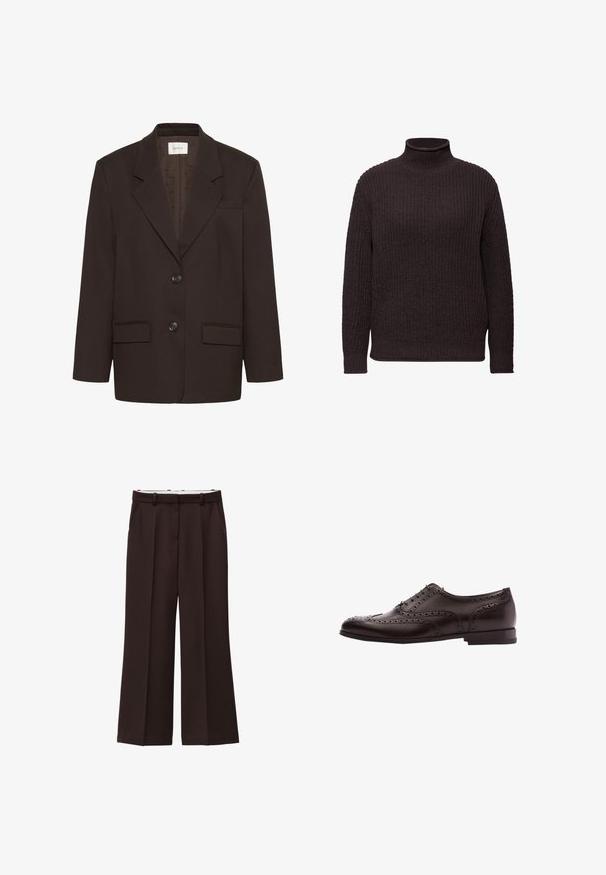 Mørkebrun blazer med inderlapeller, to frontlommer med flap, to knapper og en brystlomme af Gestuz.; Mørkebrun strikket turtleneck sweater med et struktureret mønster, lange ærmer og ribbede manchetter og kant for et tætsiddende look.; Viddebukser i mørkebrun stof, med høj talje, dobbelte læg og sidelommer. Glat tekstur med bæltestropper.; Brune læder dress sko med brogue-detaljer, snørebånds lukning, rund tå og en lav stablet hæl. Poleret finish og indviklede perforeringer.