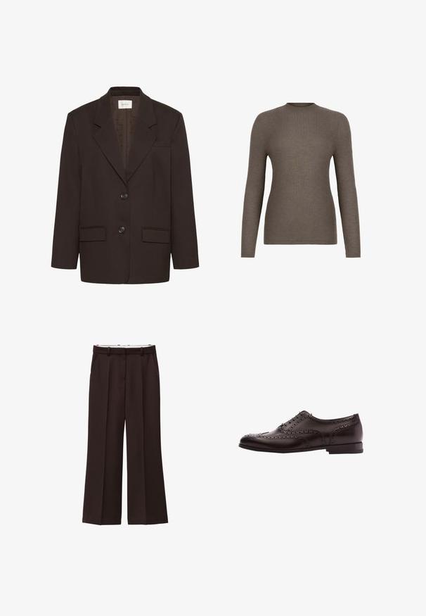 Mørkebrun blazer med inderlapeller, to frontlommer med flap, to knapper og en brystlomme af Gestuz.; Brun ribstrikket langærmet sweater med rund hals, tætsiddende silhuet og sømløs kant mod en hvid baggrund.; Viddebukser i mørkebrun stof, med høj talje, dobbelte læg og sidelommer. Glat tekstur med bæltestropper.; Brune læder dress sko med brogue-detaljer, snørebånds lukning, rund tå og en lav stablet hæl. Poleret finish og indviklede perforeringer.