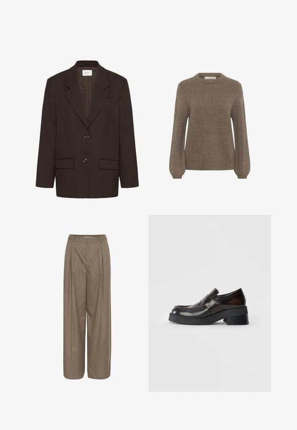 Mørkebrun blazer med inderlapeller, to frontlommer med flap, to knapper og en brystlomme af Gestuz.; Brun strikket sweater med rund halsudskæring, lange ærmer og en afslappet pasform. Blød tekstur med minimalt syninger og ingen synlige mønstre.; Plisserede bukser med bred ben i en lys brun stof, med en struktureret talje og en glat tekstur, designet til komfort og alsidighed.; Brune læder loafers med en kraftig sort hæl, der har en syet design og et bånd over det øverste for ekstra detalje.