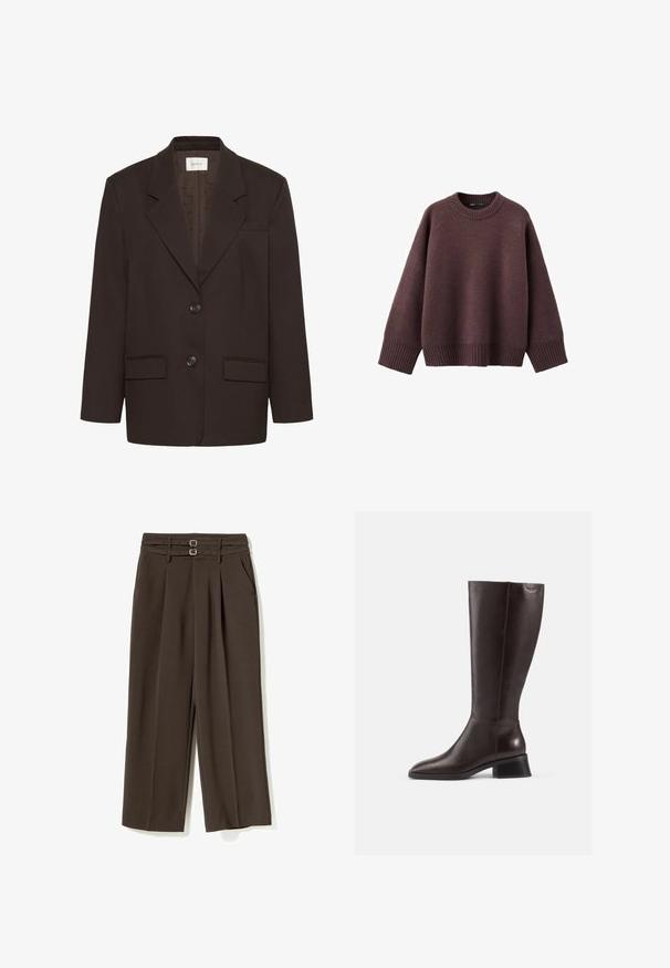 Mørkebrun blazer med inderlapeller, to frontlommer med flap, to knapper og en brystlomme af Gestuz.; Løs pasform sweater i mørk bordeaux, lavet af blødt strikket stof. Har en ribstrikket rund hals, vide ærmer og en ribstrikket kant.; Mørkebrune bukser med vide ben, høj talje og dobbelte sølvspænder i bælterne, forreste læg og sidelommer.; Brune læderstøvler til knæene med en glat overflade, rund tå og en stablet sort hæl. Simpelt design med minimale hardwaredetaljer.