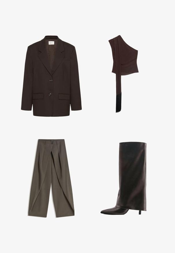 Mørkebrun blazer med inderlapeller, to frontlommer med flap, to knapper og en brystlomme af Gestuz.; Asymmetrisk brun top i glat stof med én skulder, en draperet langærmet sleeve og en frynset kantdetalje.; Vide bukser lavet af et struktureret, mørkegråt stof. Har en frontfald, knaplukning og sidelommer for praktisk anvendelse.; Høj sort læderstøvle med spids tå og slank mellemhøj hæl på hvid baggrund.