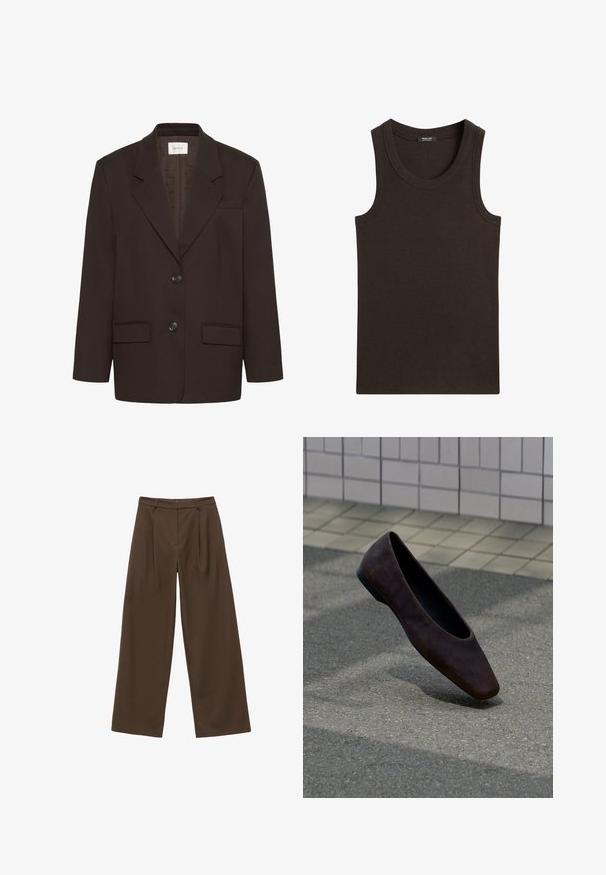 Mørkebrun blazer med inderlapeller, to frontlommer med flap, to knapper og en brystlomme af Gestuz.; Mørkebrun ribbet ærmeløs tanktop med rund halsudskæring, mærke indeni kraven, ensfarvet design.; Brune brede bukser med en glat tekstur, der har frynser foran, høj talje og et klassisk design, der er velegnet til forskellige anledninger.; Enkelt mørkebrun flad sko svævende over tekstureret jord med baggrund af flisebelagt væg.