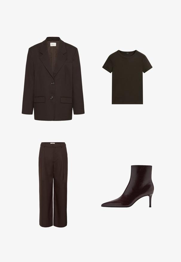 Mørkebrun blazer med inderlapeller, to frontlommer med flap, to knapper og en brystlomme af Gestuz.; Kortærmet mørkebrun t-shirt med rund hals og foldede ærmekanter, vist fladt på hvid baggrund.; Mørkebrune bukser med vide ben, læg, bæltestropper og skjult lukning foran, vist på hvid baggrund.; Bordeaux læder ankelstøvle med spids tå, slankt design og høj stilettohæl. Glat tekstur med subtile korndetaljer.